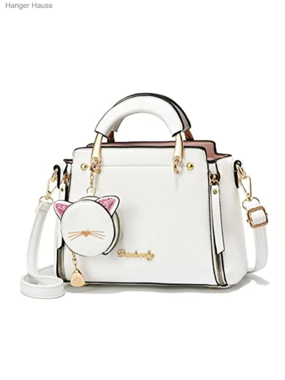 Women's Faux Leather Satchel Crossbody Bag with Kitten Pendant
